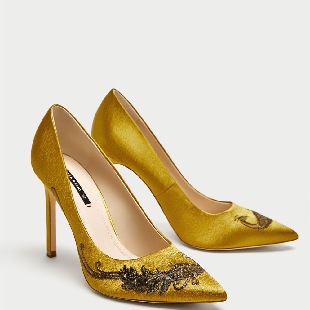 Zara Gold Embroidered Heels